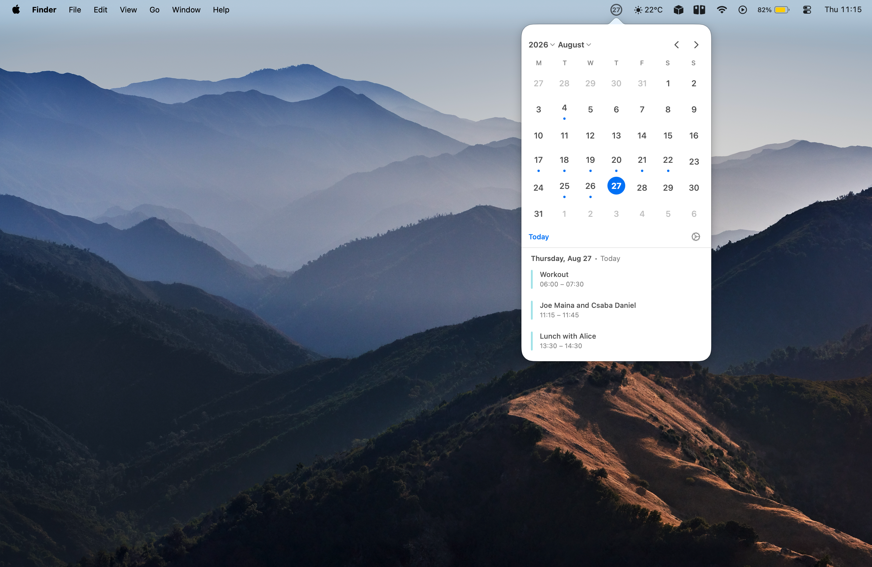BiruniCal calendar popover showing month view with event dots and event list