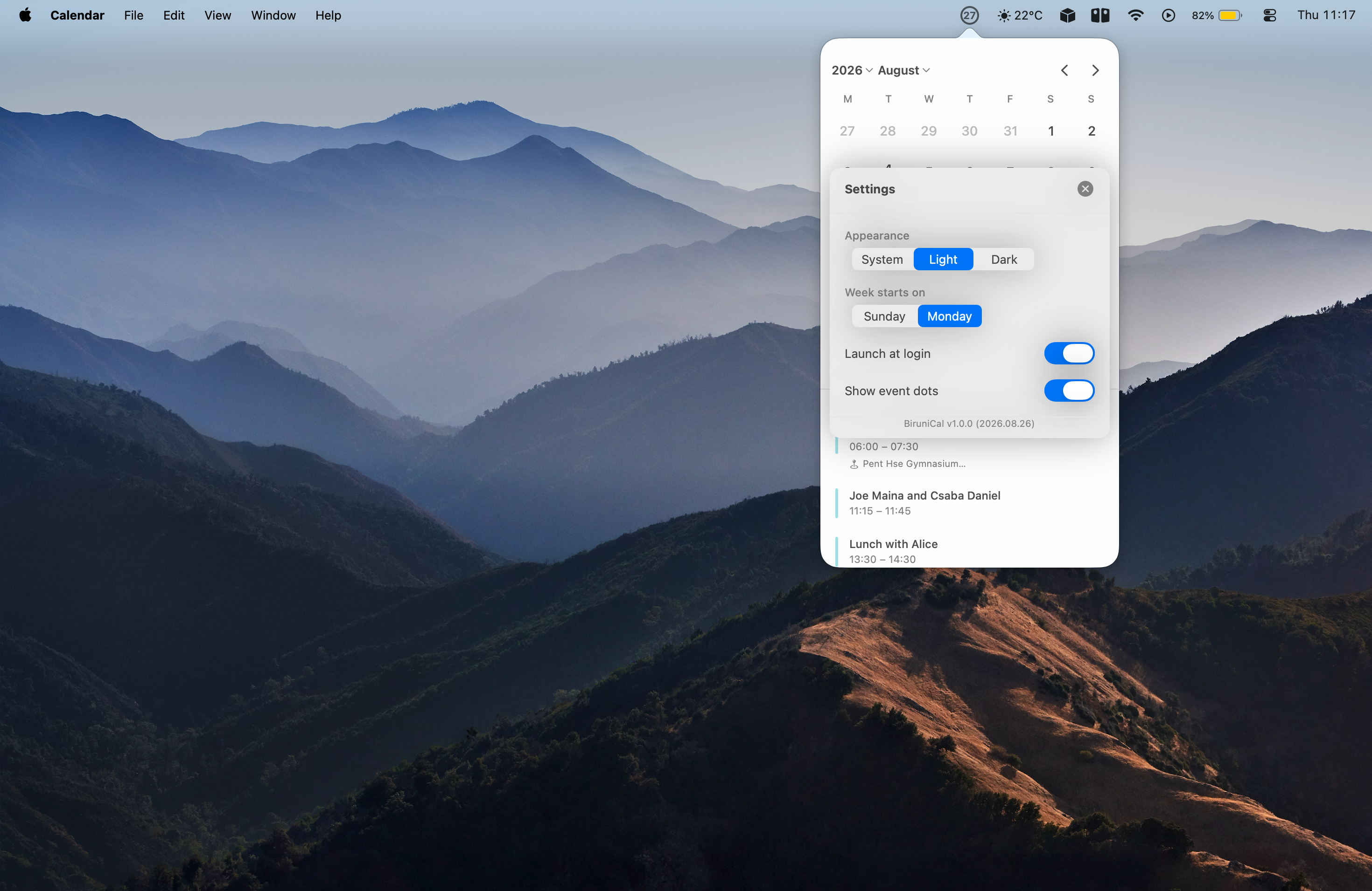 BiruniCal settings overlay with appearance, week start, launch at login, and event dots toggles
